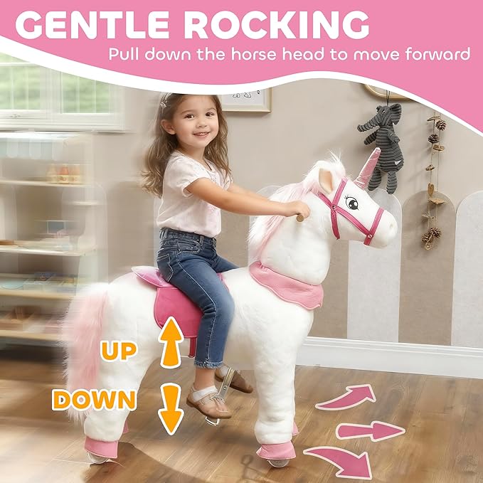 Qaba Ride on Horse for Kids 4-7 Years, 37.8 Inch Height Plush Riding Unicorn, Walking Horse Animal with Rolling Wheels for Active Play, No Batteries Required, White