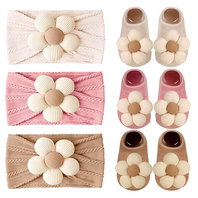 WillingTee Baby Girl Headband and Socks, Non-Slip Floral Socks and Soft Floral Nylon Hairbands for Babies Infants and Toddlers 0-12 Months