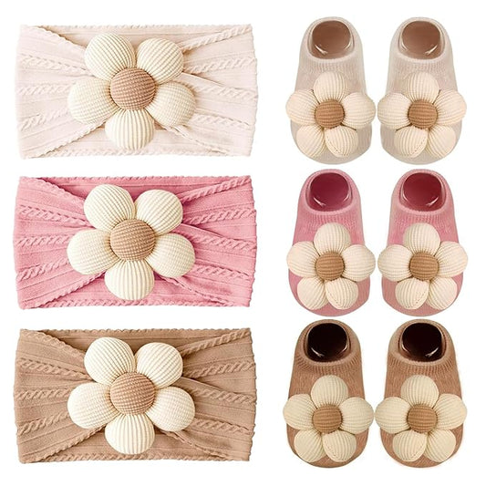 WillingTee Baby Girl Headband and Socks, Non-Slip Floral Socks and Soft Floral Nylon Hairbands for Babies Infants and Toddlers 0-12 Months