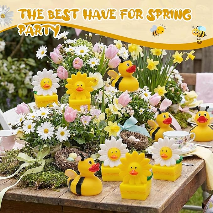 24 Pcs Deekin Spring Bee Daisy Rubber Ducks Bulk 2 Inches Honeybee Daisy Party Favors for Dashboard Decorations Hide Cruise Ships Spring Gift Bag Fillings Bee Party Supplies