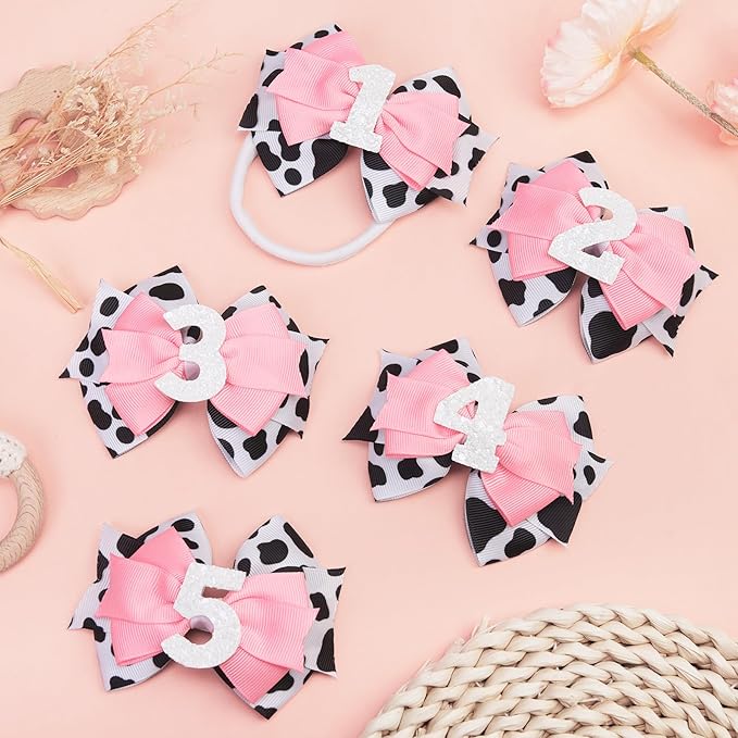 Cow Print Birthday Bow Hair Clip, Pink Farm Animal Theme 3 Year Old Hair Bow Clip Accessory for Toddler Girls Party Baby Shower Decor