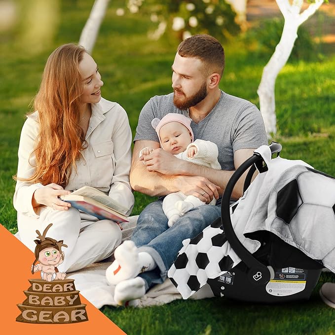 Dear Baby Gear Car Seat Canopy, Soccer Ball and Soccer Pattern on White, Black Lightweight Double Layer Dot