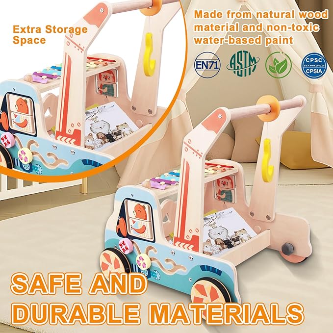 Wooden Baby Walker with Activity Center – Montessori Push Toy for Boys & Girls | Sit-to-Stand Walker for 10-12 Months & Toddlers 1-3 Years, Learning to Walk Gift