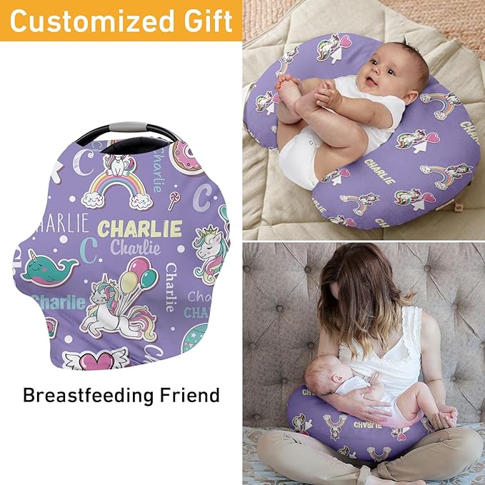 Personalised Infant Car Seat for New Parents - Purple Horse Print Baby Carseat Cover, Breast Feeding Cover, Multi-Function pad for Boys Girls - Christma Gift for Parent Babies(27"x29")