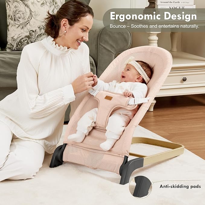 Foldable Baby Bouncer, Baby Seat with 3 Adjustable Heights, Portable Newborn Rocker, Ergonomic Baby Bouncer Seat for Natural Bounce, Bouncer for Babies 0-6 Months, Breathable Mesh (Pink)
