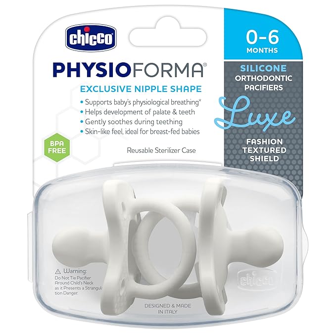 Chicco PhysioForma Luxe Orthodontic Pacifier for Babies 0-6 Months, One-Piece 100% Soft Silicone, Supports Breathing, Textured Shield & Handle, Included Sterilizing Case, BPA Free, 2-Pack, Pearl Grey