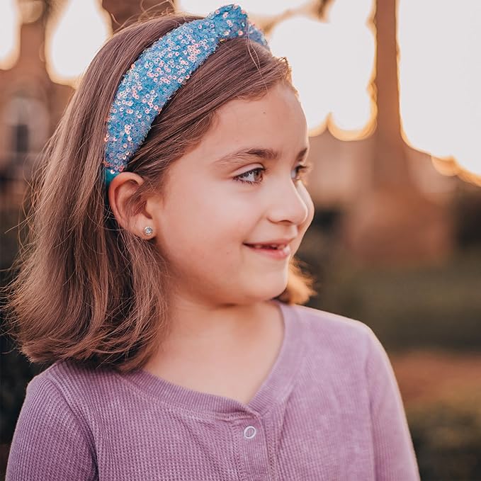 FROG SAC Sequin Knot Headband for Girls, Blue Knotted Hair Bands Accessories for Kids, Sparkly Iridescent Little Girl Headbands, Cute Fashion Hairbands for Tweens Stocking Stuffers for Children