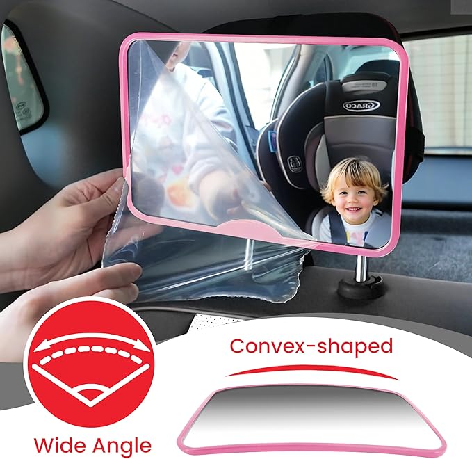 Baby Car Mirror, Safety Car Seat Mirror for Rear Facing Infant, Clear Wide View, Easily Observe the Baby Move, Secure, Shatterproof, Easy Install, Perfect (Pink)
