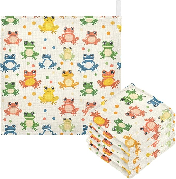 Newborn Face Towel Cute Frogs Soft Cotton Baby Washcloths 11.8 x 11.8 Inch Infants Girls Boys Muslin Burp Cloths 5 Pack