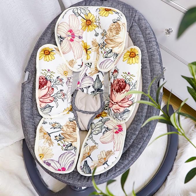 Floral Car Seat Insert,Cushion for Stroller, Swing, Bouncer, 2-in-1 Reversible,Baby Car Seat Strap Covers Shoulder Pads for Baby Kid
