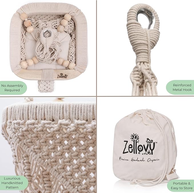 Organic Macrame Baby Swing Chair with Cushion & Portable Canvas Backpack | Boho Baby Swing Outdoor Indoor Infants & Toddler | Hanging Rope Baby Gift | Handmade Crochet Hammock Swing