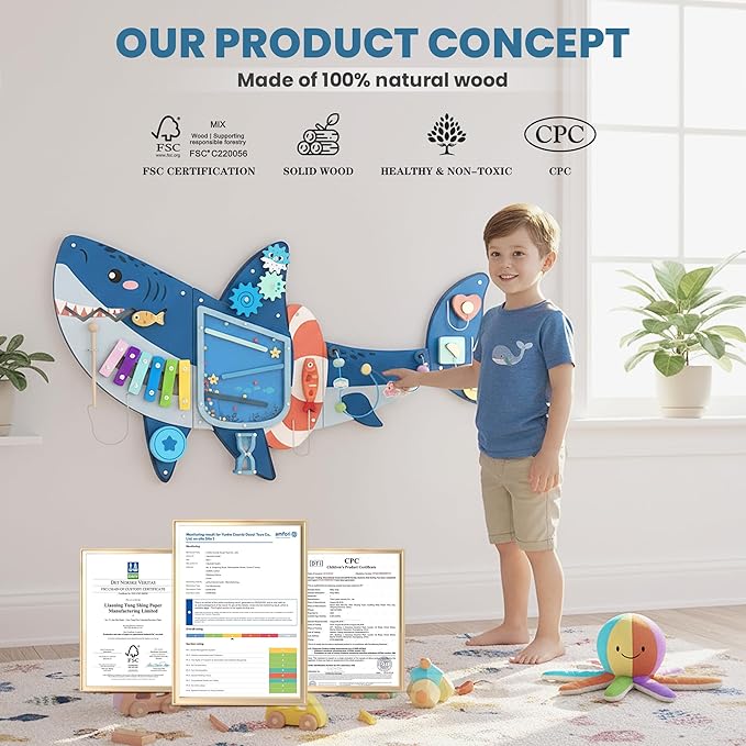 Easyego Shark Wall Busy Board Panels, Montessori Sensory Activity Center - Wooden Educational Toys for Toddlers, Promotes Holistic Development, Holiday/Birthday Gift for Boys & Girls