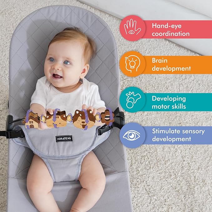 iGRATENS Three-Dimensional Baby Bjorn Bouncer Toy Bar, Toy for Baby Bouncer Soft & Bliss, Easy to Attach and Remove, 360°Rotating Natural Wooden Toys, Double-Sided Raised Design, Cat & Dog