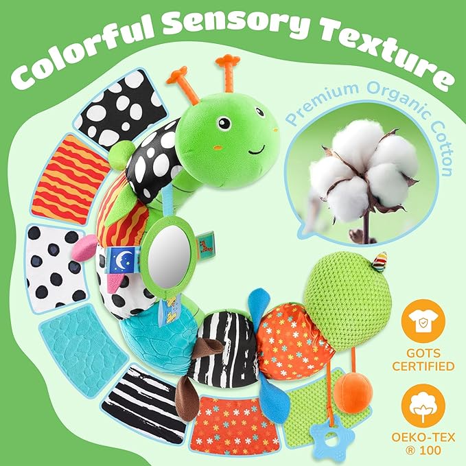 AWOTOY Baby Toys 6-12 Months Music Caterpillar Infant Toys Stuffed Animals 0-3-6 Months Tummy Time Teething Sensory Toys with Mirror Rattle&Pull String Boys Girls Birthday Gifts Easter Basket Stuffer