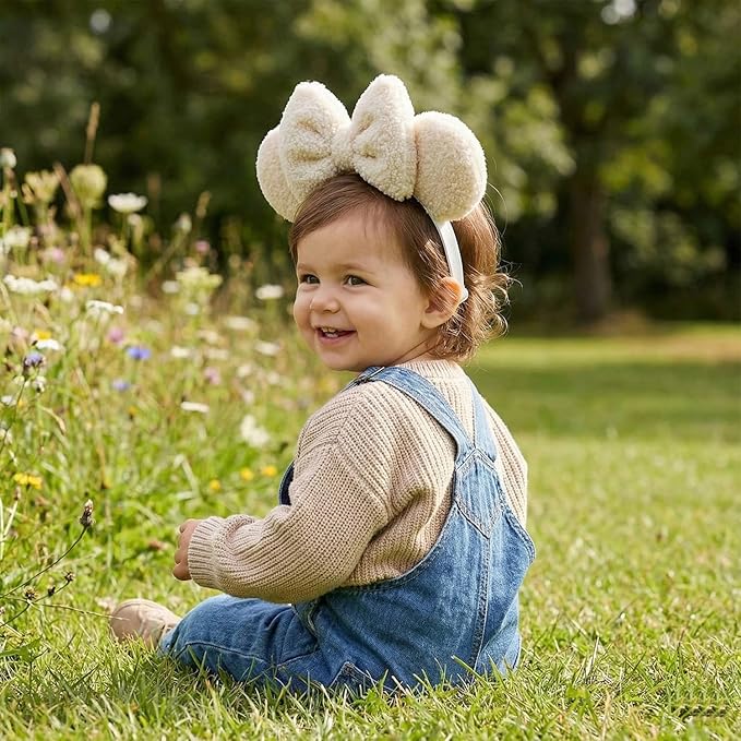Fleece Wool Mouse Ears Headband with Bow, Adjustable Fluffy Hair Bow Hairband for Infant Toddlers Baby Girls