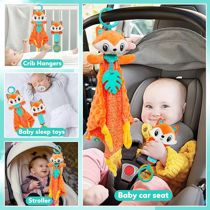 Baby Lovey Fox Stuffed Animal for Baby Boys and Girls, Security Blanket and Hand Shaker Set Newborn Stuffed Hanging Animal Plush Snuggle Toy Baby Showers Thank You Gifts