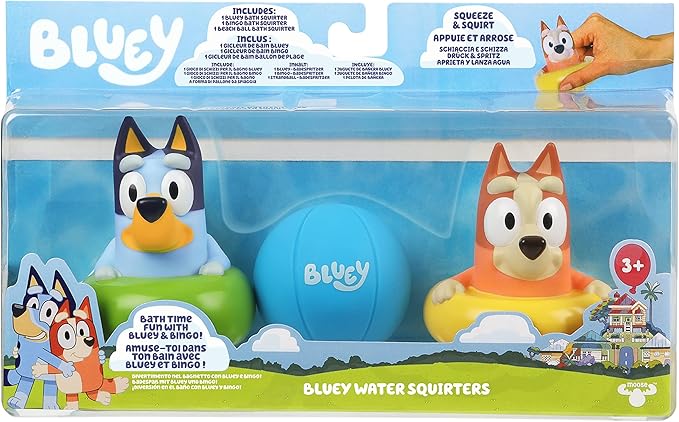 Bluey Bath Squirter Toys Pack of 3, Lightweight Floating Water Toy Set with Bingo and Beach Ball, Squeezable Bath Toys for Toddlers and Kids, Ages 3+