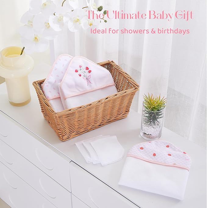 Mooreeke Baby Towel with Hood for Girls Strawberry Bath Towel for Babies Ultra Soft Absorbent 3 PCS Baby Towels and 3 PCS Washcloths for Newborn Essentials