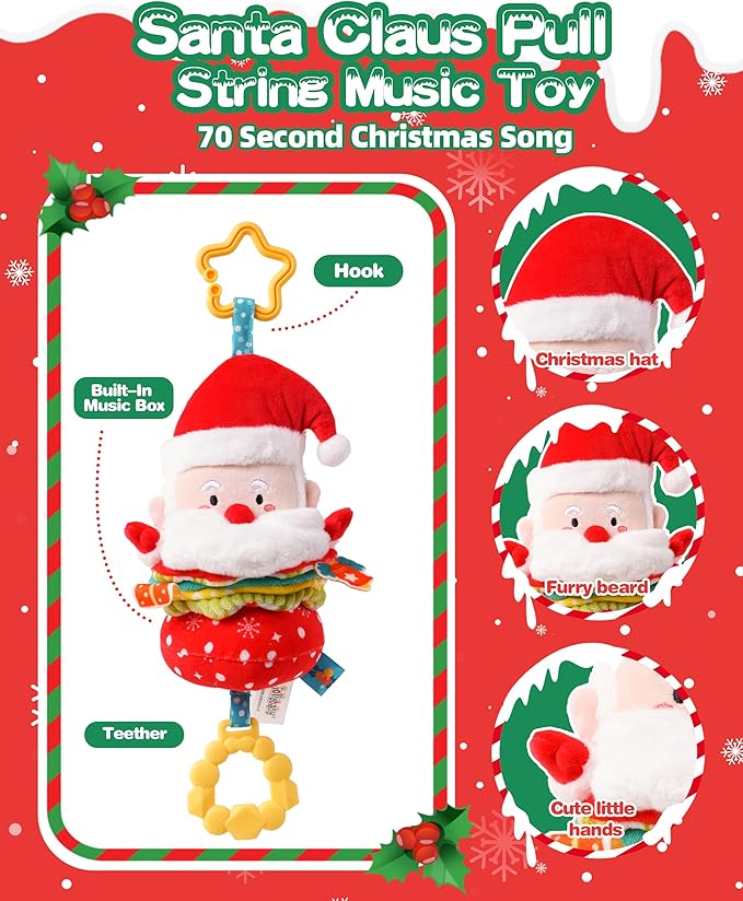 Jollybaby Car Seat Stroller Crib Hanging Toy for Baby 6-12-18-36 Months, My Baby First Christmas Santa Claus Musical Pull String Toys, Tummy Time Infants/Newborns Easter Gifts for Boy and Girl
