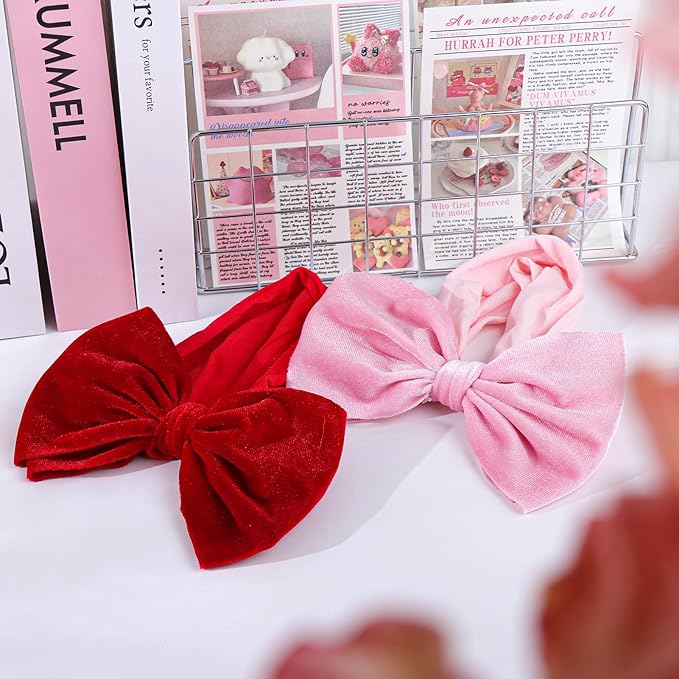 YanJie Headbands, 6" Red Pink Velvet Hairband, Handmade Valentine's Day Baby Hair Accessories, One Size, 5 Count, for Newborn Infant Toddlers Kid
