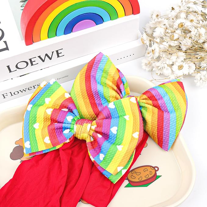 Toddler Hair Bows Gay Pride Hair Accessories, 2 Pcs 6 inches Rainbow Newborn Headbands Big Bows for Infant Girl - Rainbow Diagonal Stripe & Rainbow Stripe with White Heart Patterns