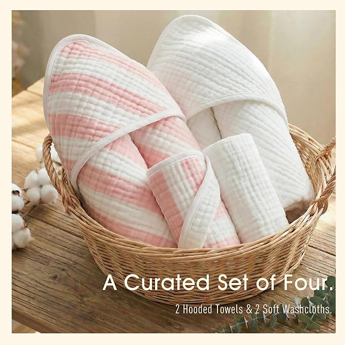 Muslin Hooded Baby Towel 4 Pack, 100% Organic Premium Cotton, (2) 6-Layer 32x32 Bath Towels & (2) Washcloths, Soft Newborn & Infant Gift Set (Pink Stripe & White)