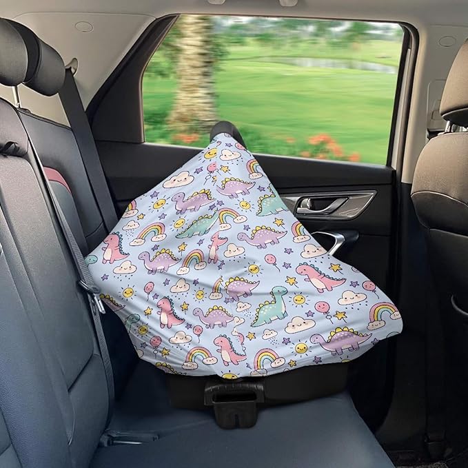 Biyejit Dinosaur Clouds Baby Car Seat Cover, Infant Carseat Canopy, Nursing Breastfeeding Cover, Stretchy Carrier Covers for Stroller/Shopping Cart, Newborn Registry & Shower Gift for Boys Girls