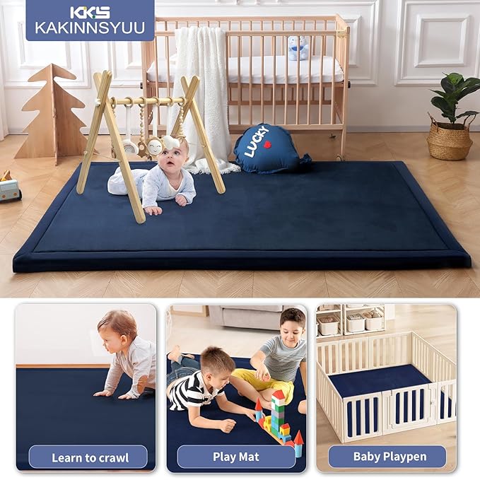 2-Inch Extra Thick Baby Floor Mat, 79"x59" Large Nursery Rug with Powder-Free Memory Foam, Water-Resistant Flannel Cover & Non-Slip Base for Tummy Time and Crawling, Navy Blue
