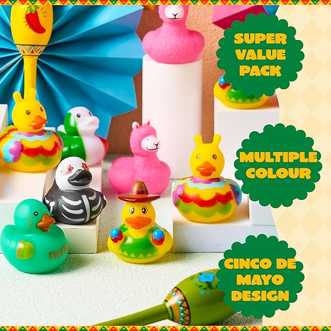 JOYIN 24 Pcs Mexican Fiesta Rubber Ducks for Party Favors Decoration, Cinco De Mayo Colorful Rubber Duck for Baby Shower, Bath Time and Dress-Up Play Duck Toys for Gifts