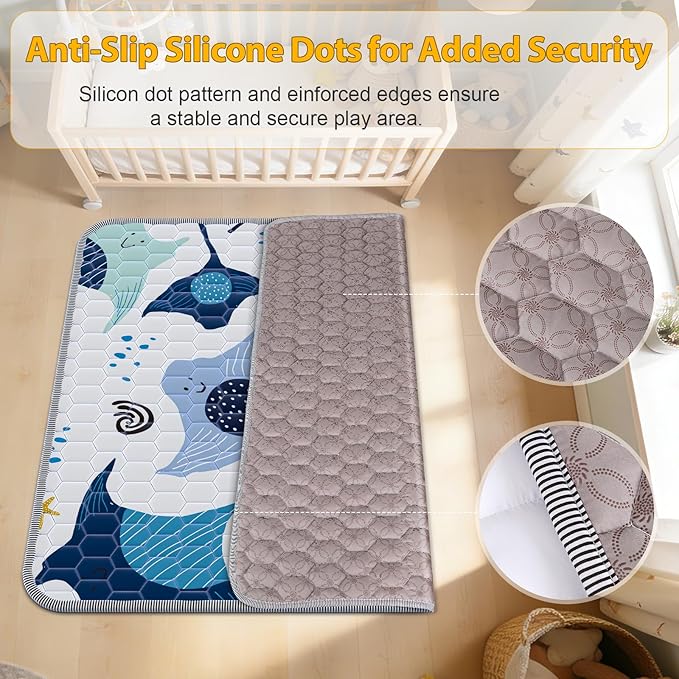 Baby Play Mat 43x43inch - Thick & Soft Ocean Theme Playmat with Ray & Starfish - Padded Crawling Mat for Babies & Toddlers, Non-Slip & Machine Washable Floor for Playpen