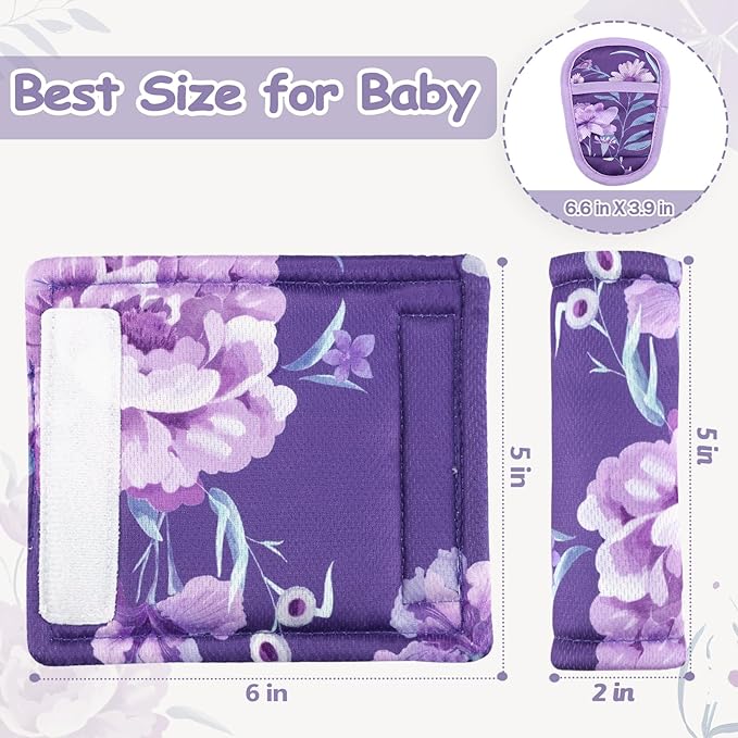 Baby Car Seat Strap Pads Suit, 3 Pieces Soft Car Seat Strap Shoulder Covers for Baby Infant Toddler, Double-Sided Car Seat Belt Covers for Stroller, Pushchair, Baby Swing, Purple Floral