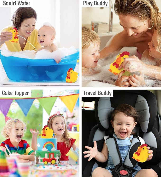 DolliBu Rooster Bath Buddy Squirter - Floating Yellow Chicken Rubber Bath Toy, Fun Water Squirting Bathtime Play For Toddlers, Cute Farm Barn Animal Toy For The Bathtub, Beach, & Pool for Girls & Boys