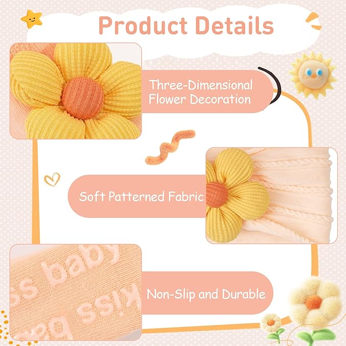 CÉLLOT Baby Girl Headband and Socks, Non-Slip Floral Socks and Soft Floral Nylon Hairbands for Babies Infants and Toddlers (Salmon+Yellow+Green)