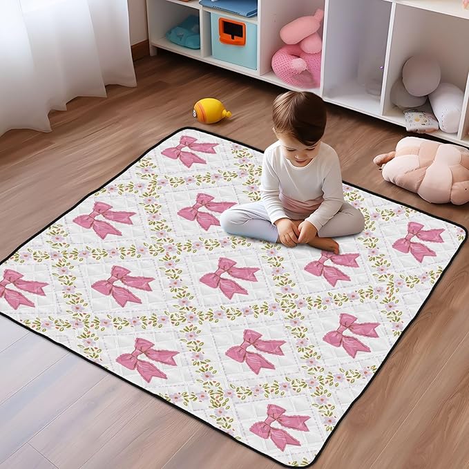 Baby Play Mat Bows Small Flowers Checkered Pink 50 x 50 Playpen Mat Baby Play Mats for Floor Play Gym Crawling Mat Non-Slip Cushioned Baby Playmat for Infants, Babies, Toddlers