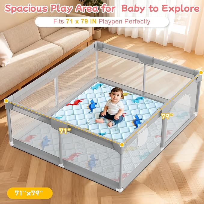 Baby Play Mat for Floor: 79" x 71" Playpen Mat - Thicker & Large Soft Cushioning Padding Foam Playmats for Babies and Toddlers - Machine Washable Non-Slip Baby Crawling Mats, Dinosaur Designs