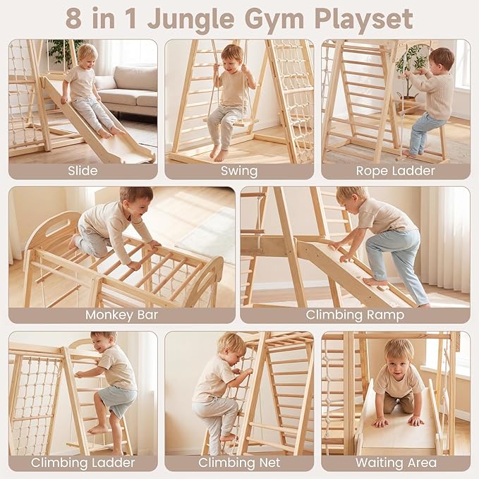 OLAKIDS Indoor Jungle Gym, 8 in 1 Wooden Montessori Toddler Climbing Toys with Adjustable Ramp Swing Slide, Monkey Bar Rope Ladder Waiting Area (Natural)