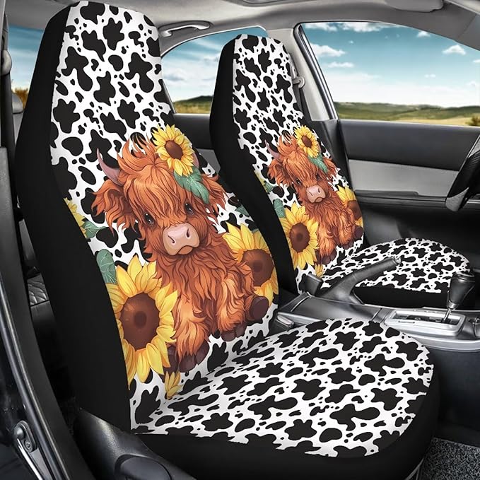 Cute Highland Cow Car Front Seat Cover, Women's Auto Car Seat Covers Protector Universal Car Interior Accessories Automobile Seat Cover for Most Cars Truck Van SUV, 2 Pack