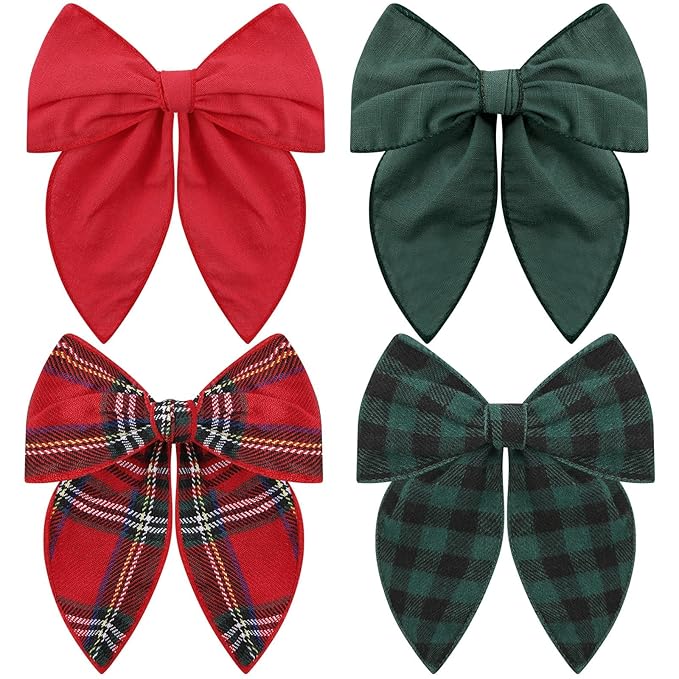 Large Christmas Hair Bows, 4 Pcs Red Green Plaid Fable Hair Bows Cotton Christmas Hair Accessories for Girls Toddler Kids