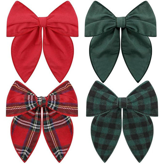Large Christmas Hair Bows, 4 Pcs Red Green Plaid Fable Hair Bows Cotton Christmas Hair Accessories for Girls Toddler Kids