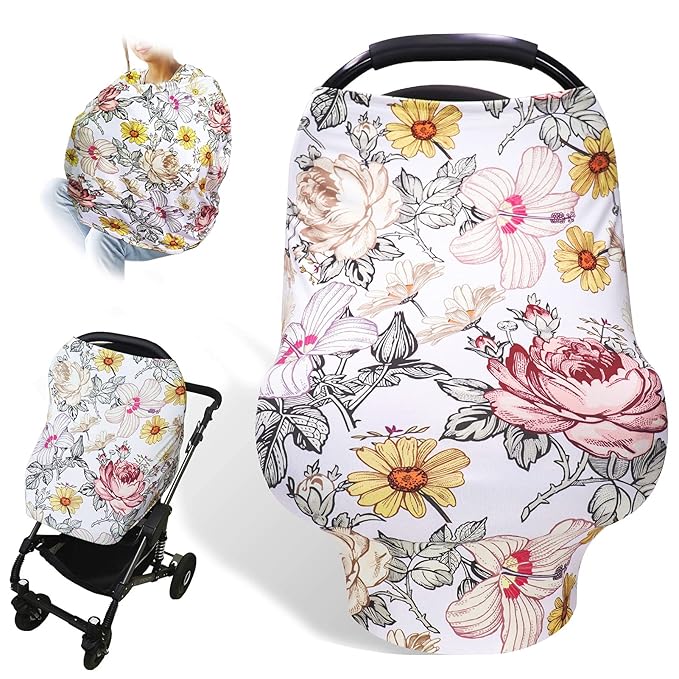 Floral Baby Car Seat Cover Girls, Infant Carseat Canopy, Stretchy Multi- use Nursing Cover for Stroller/High Chair/Shopping Cart/Car Seat Canopies