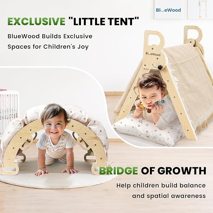 BlueWood Pikler Triangle Set with Cushion - Climbing Toys for Toddlers 9-in-1, Montessori Philosophy Play Jungle Gym with Arch, Ramp, Ladder (Natural Color)
