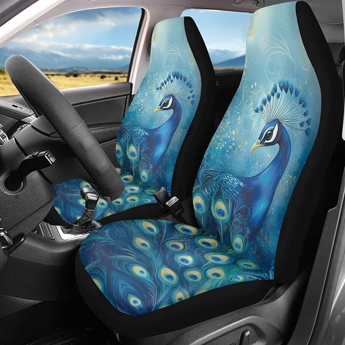 Fashion Peacock Car Seat Covers Set of 2 Waterproof Universal Vehicle Front Seats Interior Protector Easy to Install Interior Protection Suitable Fits Most Car Auto SUV Sedan Truck