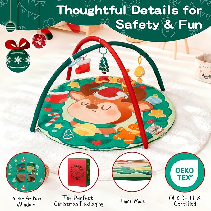 Christmas Baby Play Gym Mat, Softer Tummy Time Mat with 6 Detachable Toys for Sensory & Motor Skill Development, Activity Mat for Newborn Essentials Shower Gift, Oeko-TEX Certified