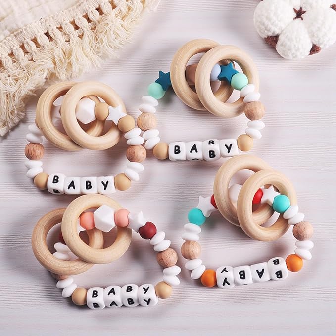 Personalized Baby Teether Ring with Name, Custom Silicone Wooden Rattle Teething Ring for Boys and Girls
