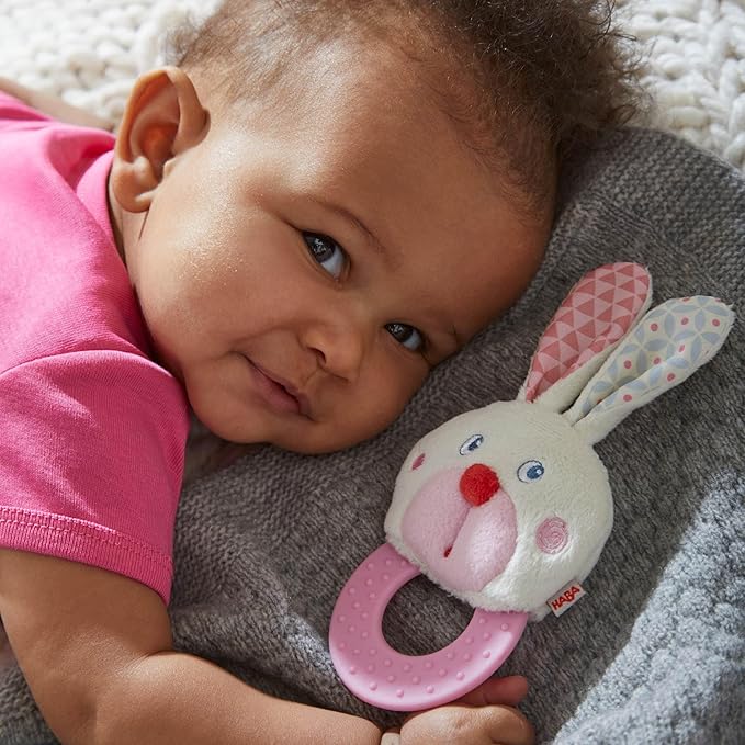 HABA Spring Teething Toys Bundle Includes: Easter Gifts for Babies Bunny Teether and St Patrick's Day Gifts Shamrock Silicone Baby Teething Toy, Infant Easter Basket Stuffers and Sensory Play