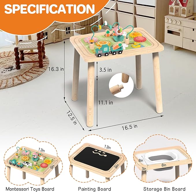 Himold Activity Table for Kids 6-36 Months, 9 in 1 Wooden Montessori Toys with Bead Maze Shape Sorter Train Toy, Baby Sensory Table Toddler Toys 1st Birthday Gifts for Kids