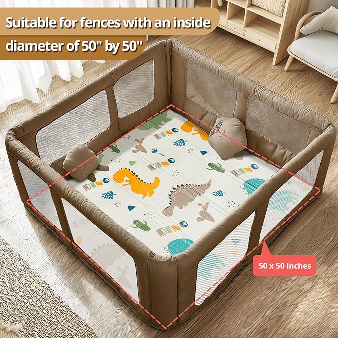 Foldable Baby Play Mat, PIGLOG 50" x 50" Waterproof Playmat for Playyards for Babies, Safe Foam Playmat for Tummy Time, Reversible Playmats, Portable Floor Mat for Infant, Toddler，Yellow Dinosaurs