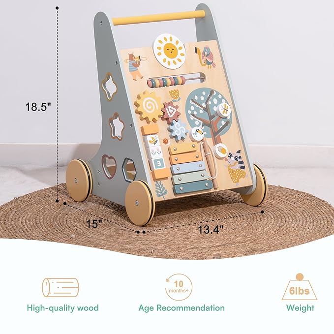 ROBUD Wooden Baby Walker, Baby Push Walker with Activity Center and Storage, Montessori Walker Toy for Boys and Girls Learning to Stand and Walk, Blue