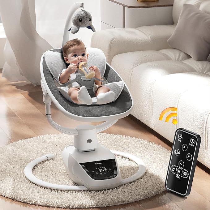 Trimigo Baby Swings for Infants to Toddler, 180° Adjustable 3D Electric Baby Swing, Remote,5-Modes,4-Speed,3-Seat Height, 8 Melody, Newborn Swings,Infant Swings for Babies 0-12 Month (Grey)