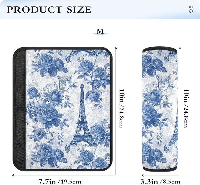 2 Pack Seatbelt Covers Seat Belt Cover Pad for Adults Boys Girls Car Seat Strap Covers Pads Cushion Universal Shoulder Strap Pad Protector for Backpack Camera Bag 6.5 Inch Blue Roses and Eiffel Tower